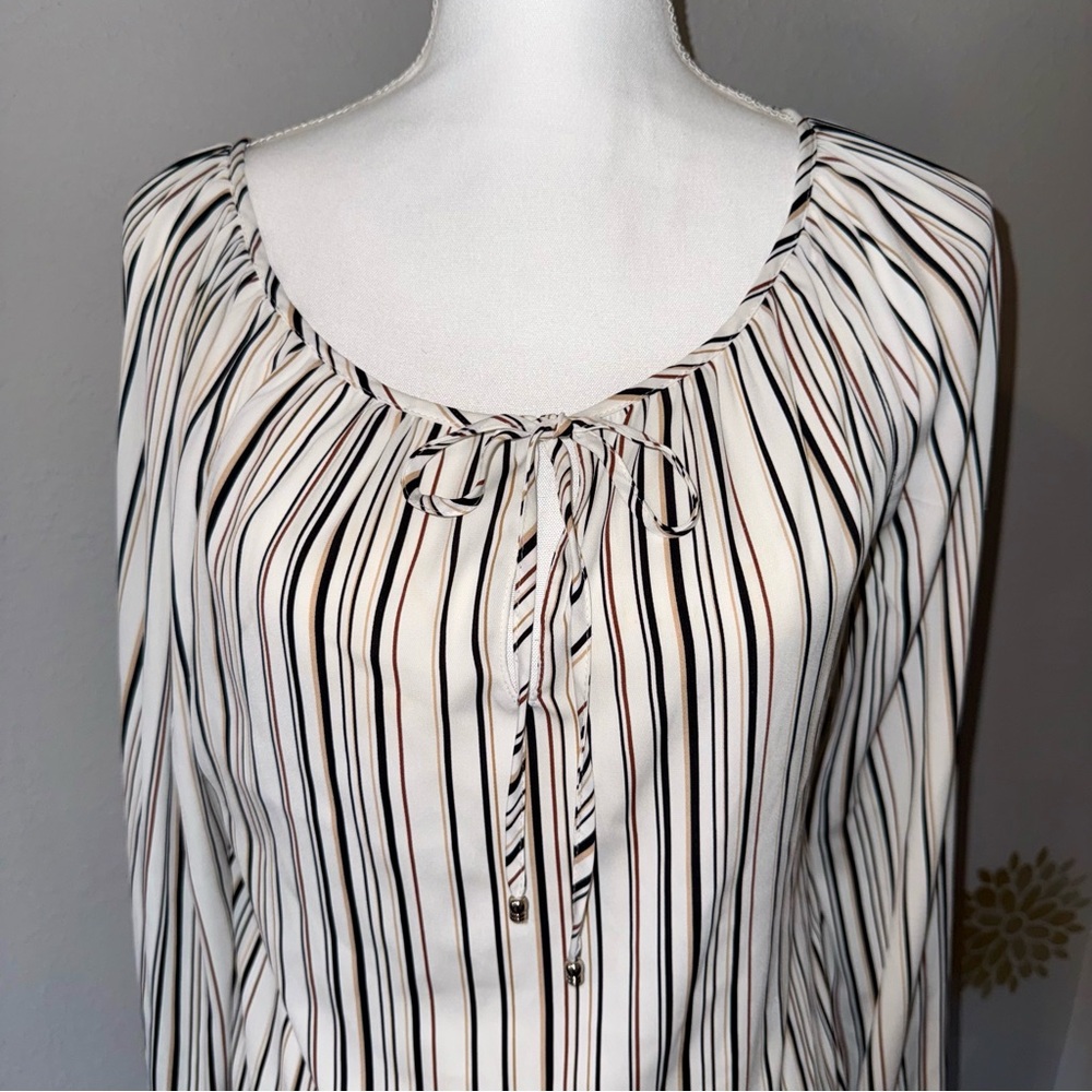 Pin Stripe White Black Brown Beigeโ Blouse Scoop Neck Casual Business Corporate